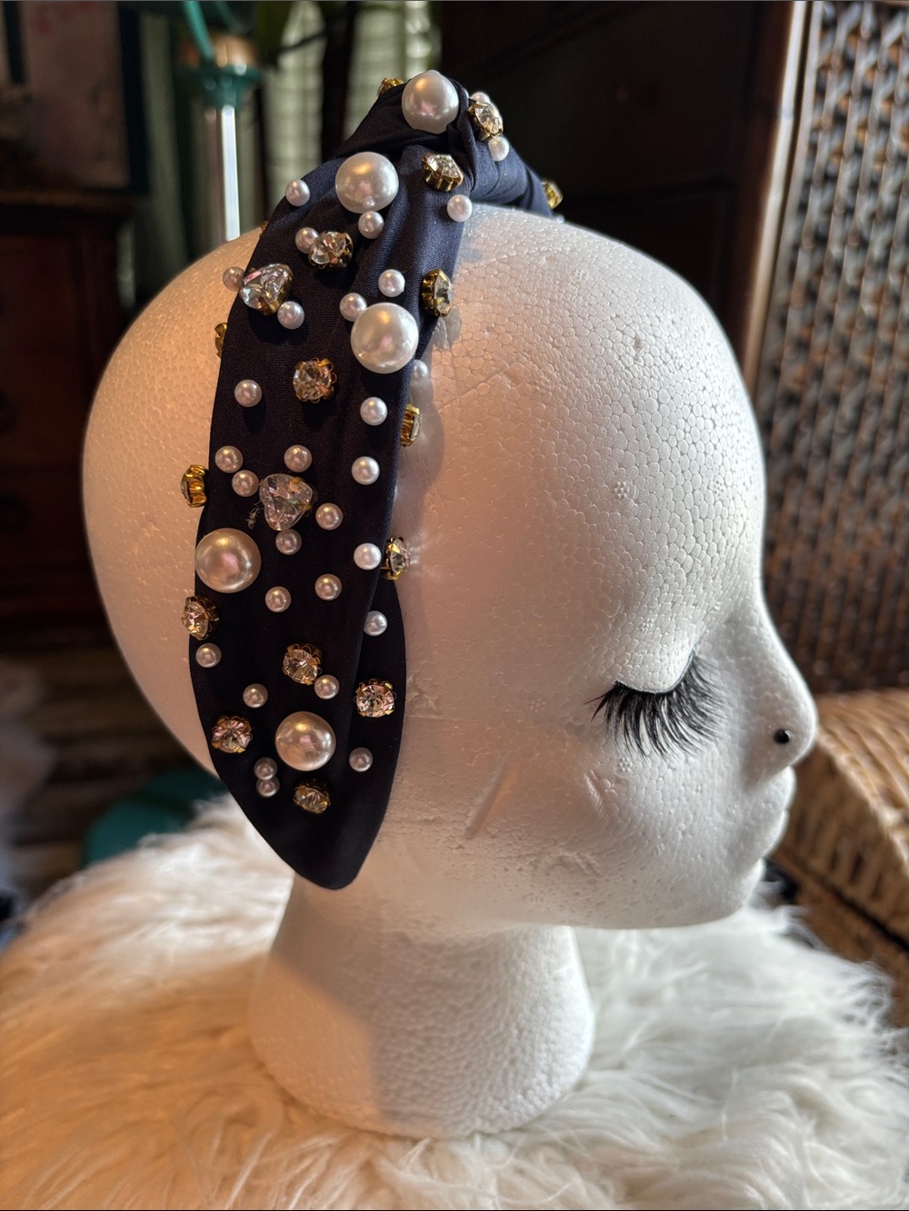 Embellished Navy Pearl & Crystal Knotted Headband